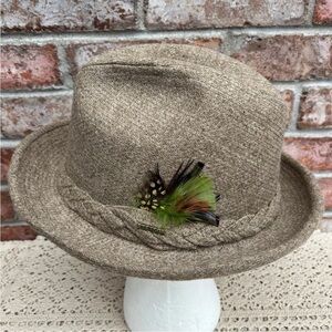 Stetson Vintage Wool Tweed Fedora Hat Tan Beige with Feathers USA Union Made
